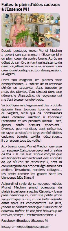 Photo d'un article présentant la boutique L'Essence M